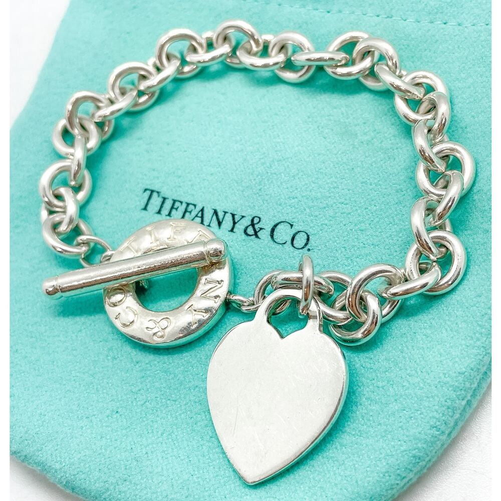 Tiffany & Co. Sterling Silver Blank Engravable Heart Tag Toggle Bracelet 7.5"